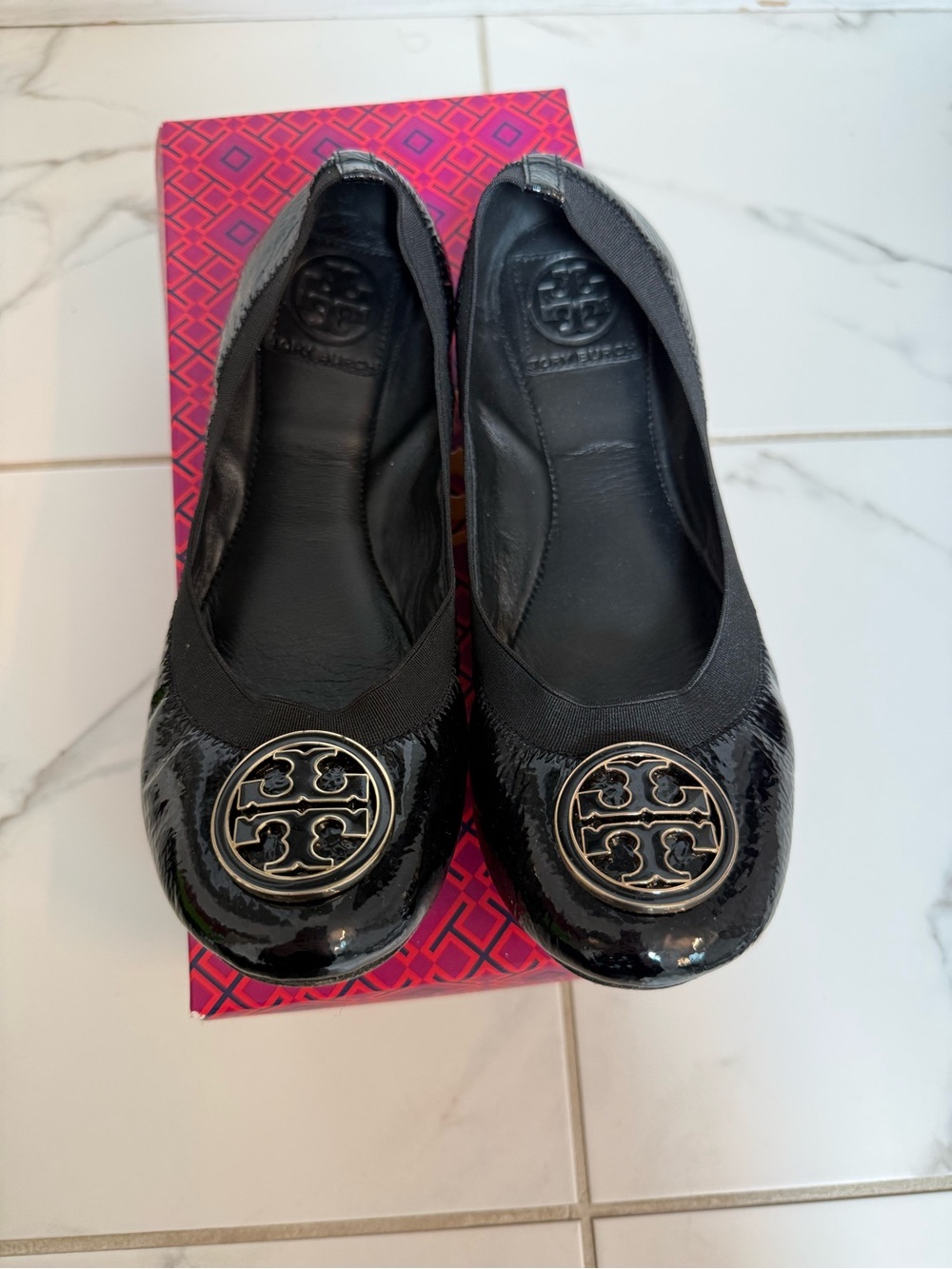 Tory Burch Caroline Black Patent Leather Logo Ballet Flats